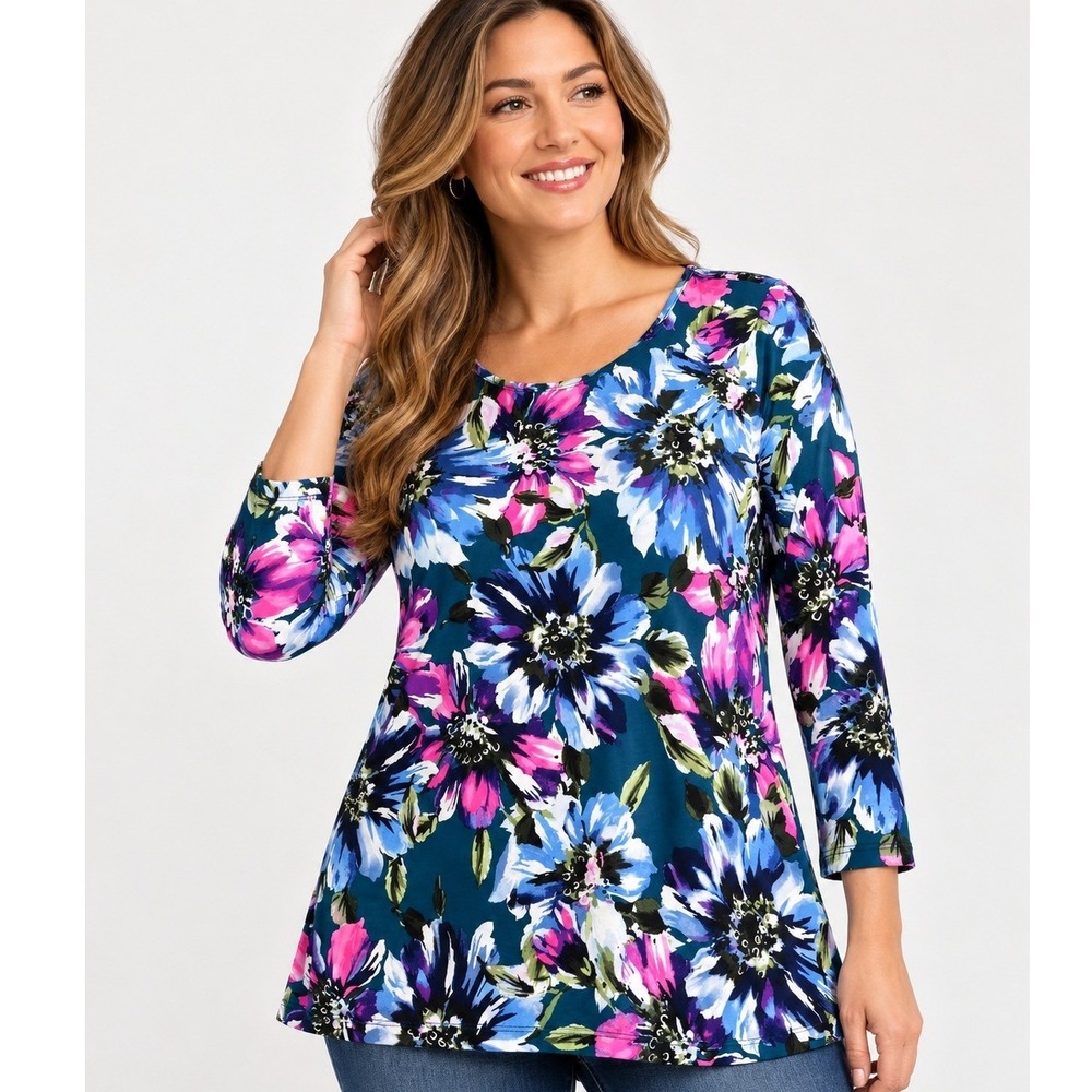 Kim & Co Women Teal Multi Floral 3/4 Sleeve Top Size M 15390T-4276-I21 NWT